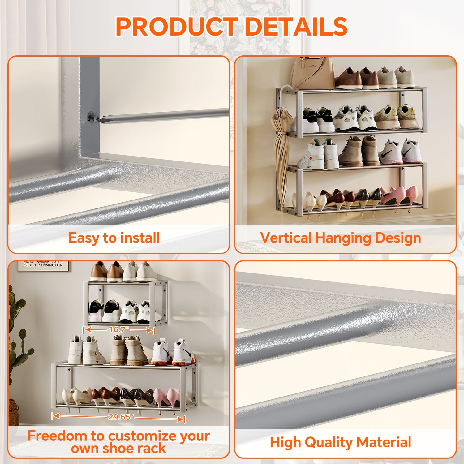 Hanging Shoe Organizer,2 Pack Wall Mounted Shoe Rack Holds 12 Pairs,Space Saving Metal Wall Shoe Rack,Hanging Shoe Rack Shoe Holder for Small Space,Entryway,Closet,RV,Camper（Sliver)