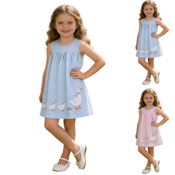 Eltusu Girls Cotton Dresses, Crewneck Knee Length Cute Sleeveless Summer Clothes Blue Size 6 T
