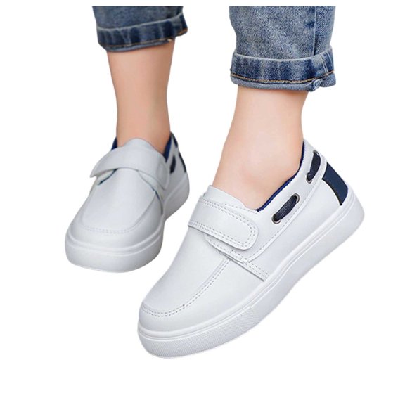 Purcolt Boys and Girls PU Leather Loafers Lightweight Casual Round Toe Non-Slip Boat Shoes Comfortable Slip On Single Strap Hook and Loop Outdoor Athletic Sneakers