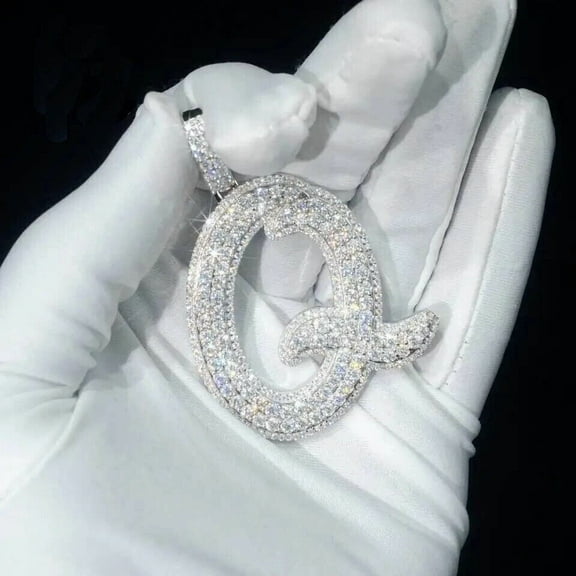 3ct Real Moissanite Men's Initial Letter "Q" Pendant 14k White Gold Plated