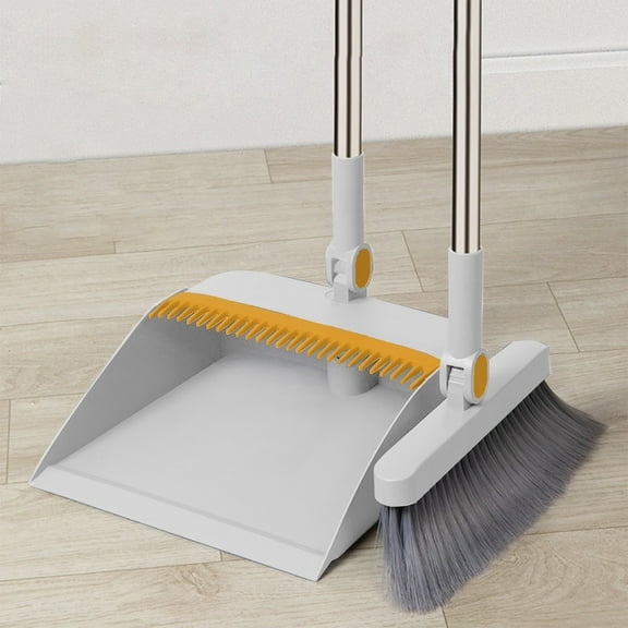 Upgrade Durable Broom and Dustpan Set with 52" Adjustable Long Handle, Stand Up Broom with Dustpan Combo Set for Heavy Duty with Dustpan Teeth to Clean Hair for Home Kitchen Office Hall Floor(Gray)