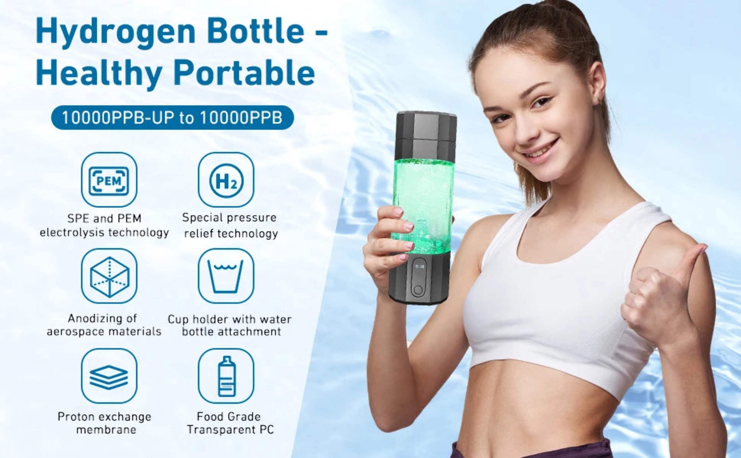2025 10000PPB Hydrogen Water Bottle with Colorful Light  Valve