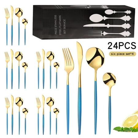 

Stainless steel tableware Portuguese gold paint steak knife fork spoon tea spoon gift box set-Golden Blue