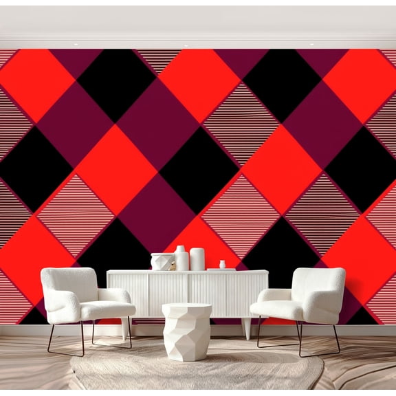 Wall Mural Peel and Stick Red Black Geometric Diamond Striped Accents Self-Adhesive Wallpaper Removable Wall Decal Wall Sticker Home Decor for Living Room Bedroom 69"x96"