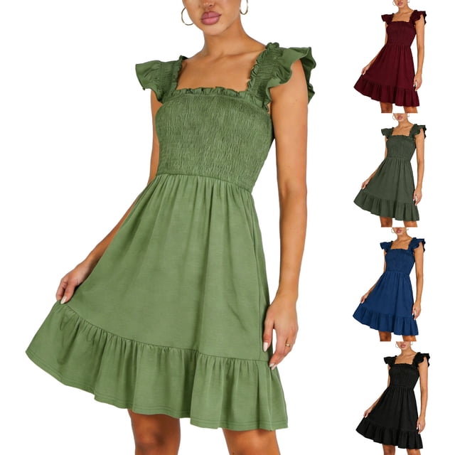 Sentmoon Robe de Fête Robes Fluides pour Femmes Été 2026 Couleur Unie Sans Manches Encolure Carrée à Volants Coupe Régulière Robe Femmes pour le Travail Décontracté S-TG