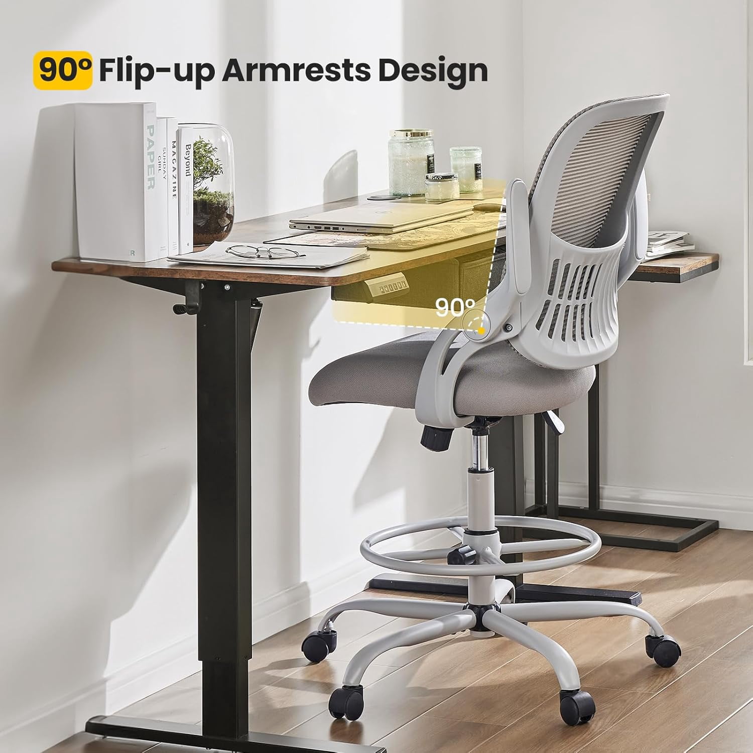 Nextay Tall Drafting Chair - Ergonomic Office Stool with Flip-Up Arms, Footrest & Lumbar Support