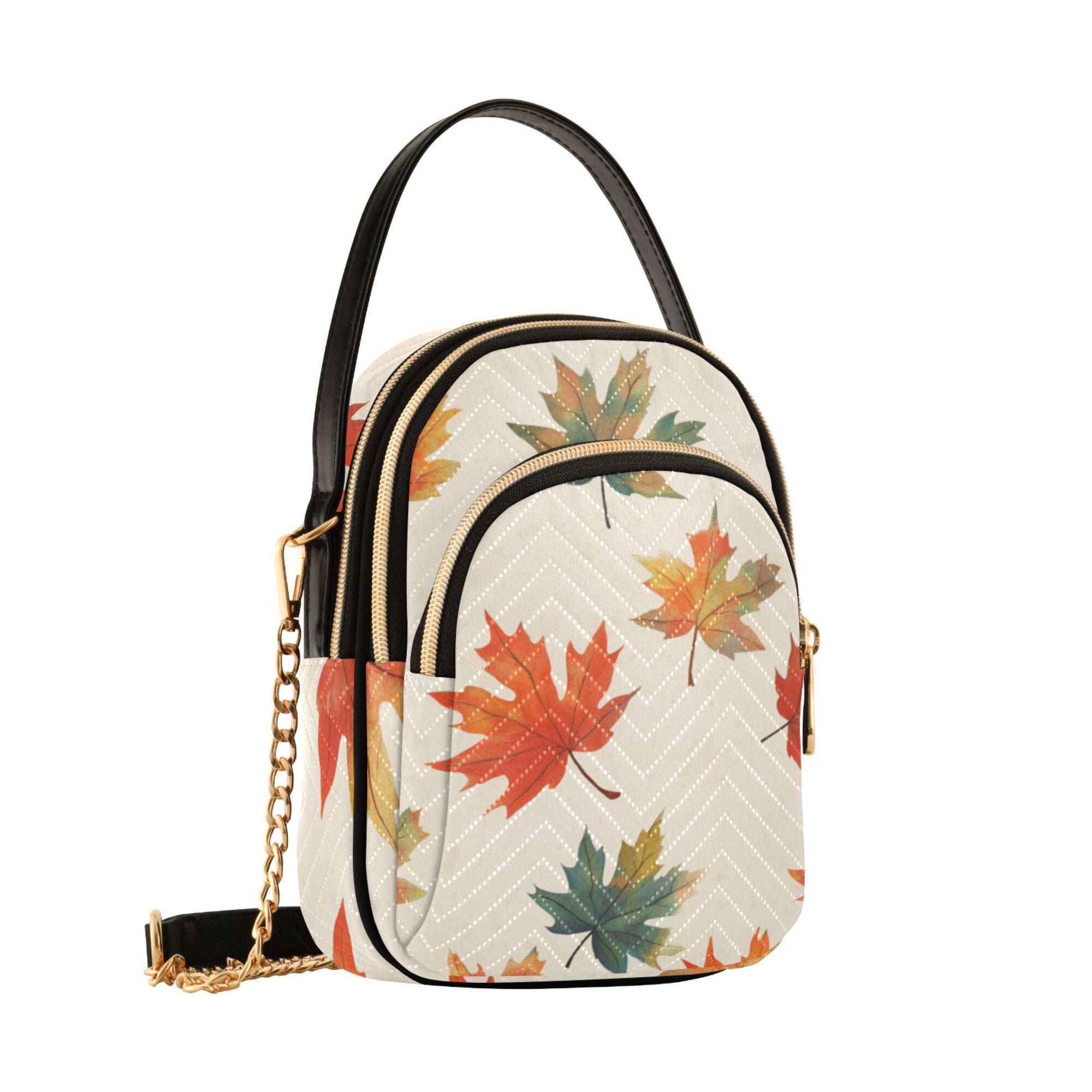 FORMRS Crossbody Bag for Women Quilted Travel Shoulder Cell Phone Purse with Chain Strap Handbag, Orange Autumn Leaves