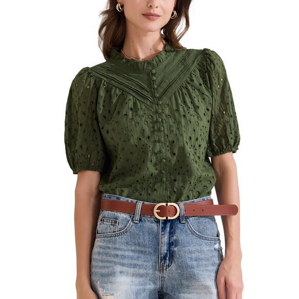 BLUSA DE CROCHET PARA MUJERES INSPIRADA CHIC CON CUELLO VOLANTE Y MANGAS CORTAS, CON DETALLES CALADOS, TOPS DE VERANO XL VERDE
