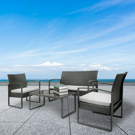 Garden Furniture Bristol Uk Patio Furniture Sets, 4-Piece Wicker Patio Conversation Furniture Set with 4 Seats, Table, Tempered Glass Tabletop, 3 Sofas, 3 Weather-Resistant Removable Cushions for Backyard Porch Lawn Pool ,Q1270 ()