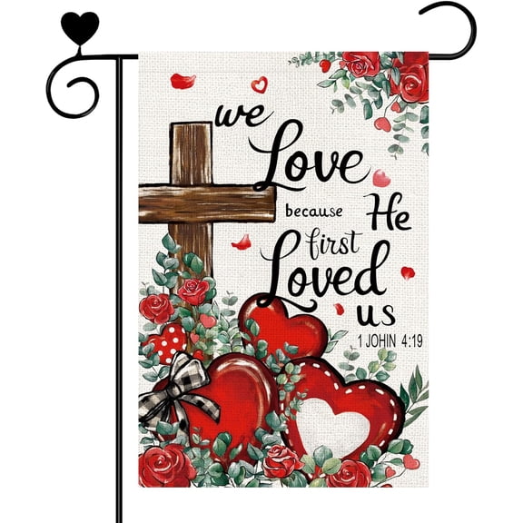 Love Heart Red Rose Garden Flag 12x18 Inch Bow Cross Plants Valentine's Day Farmhouse Outdoor Decor