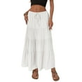 thumbnail image 3 of Women Tiered Long Skirts Pleated A Line Adjustable Elastic Waist with Drawstring Flowy Long Skirt White S, 3 of 9