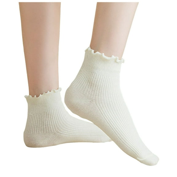 Juosiy Women Cute Ruffle Cotton Socks Simple Casual Solid Color Breathable Soft Ankle Socks