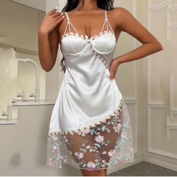 FNFYFH Women's Mesh Floral Embroidery Lace Trim Sheer Chemise Sleep Dresses Babydoll Nightgown Satin Slip Dress with Thong