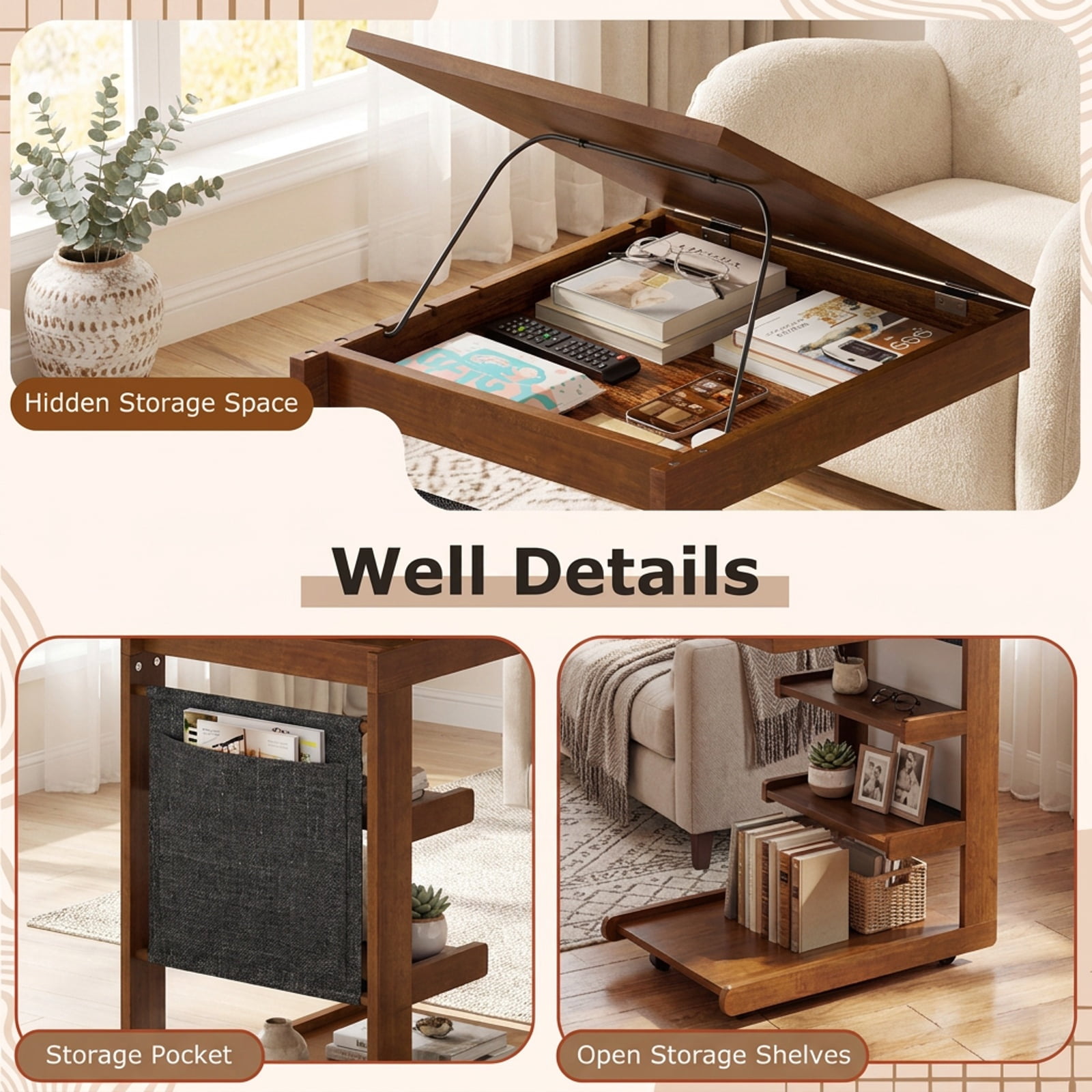 Furnibear Rolling C-Shaped End Table With Adjustable Desktop and Wheels, Mobile Sofa Side Desk With Storage Shelves for Couch Bedside, Brown