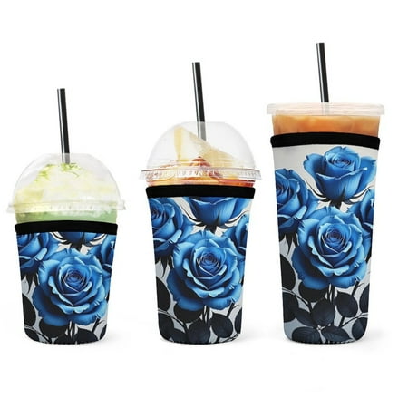 

Set of 3 Packs Reusable Hot And Iced Coffee Cup Sleeve Neoprene Tumbler Sleeve Blue Rose(16 24 32oz)