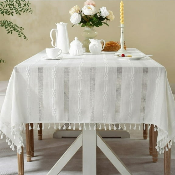 WCHUANG Rustic Stripe Embroidered Tablecloth Tassel Cotton Linen Table Cloth Table Cover for End Bedside Coffee Teapoy