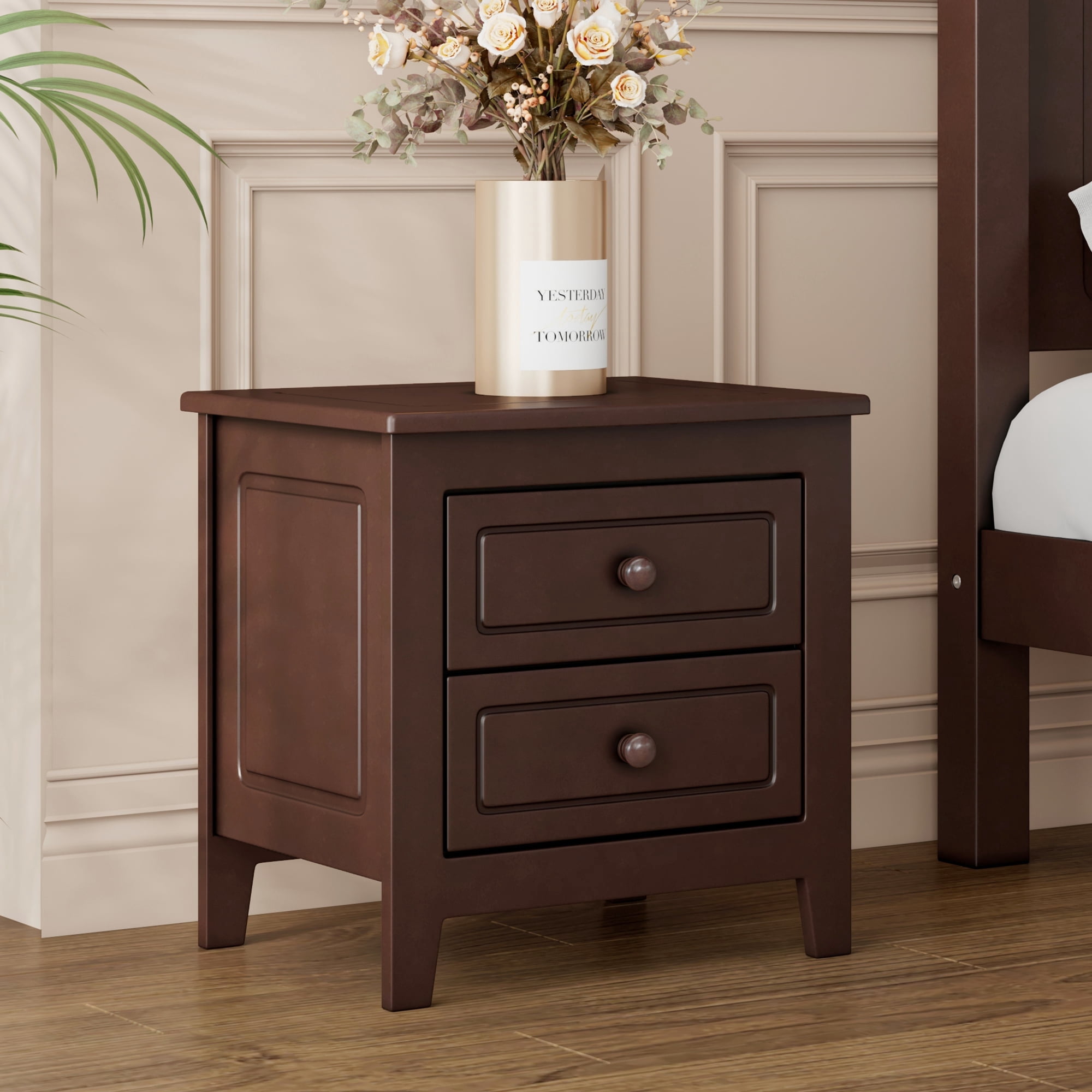 Harper & Bright Designs Wood Retro Nightstand with 2 Drawers for Bedroom, Mid Century Nightstand End Table BedsideTable, Walnut