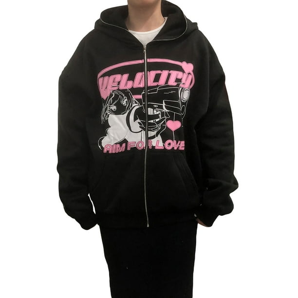 VISgogo, sudaderas con capucha góticas Grunge para mujer, chaqueta con estampado de letras de dibujos animados, sudadera con cremallera, abrigo, abrigo de manga larga de gran tamaño VISgogo moda