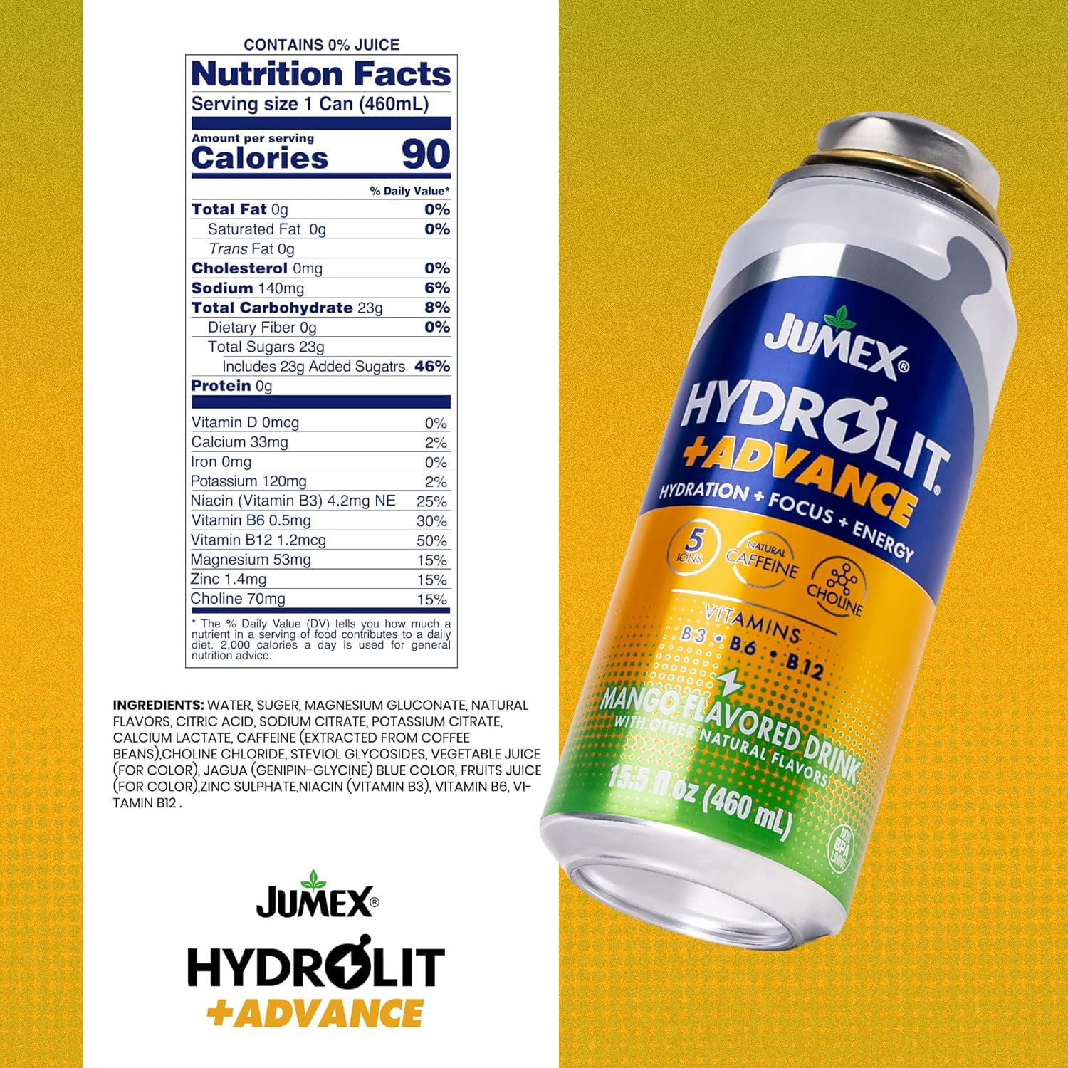 (12 pack) Jumex Hydrolit+Advance Mango Energy & Hydration Drink, 15.5 fl oz