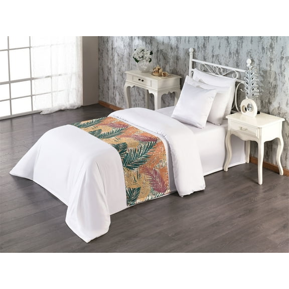 Ethnic Boho Bed Runner, Tropical Vibes Colorful Design Palm Tree Leaves on Tribal Back, Decorative Accent Bedding Scarf for Hotels Homes & Guest Rooms, Twin, Burnt Sienna and Dark Teal, by Ambesonne