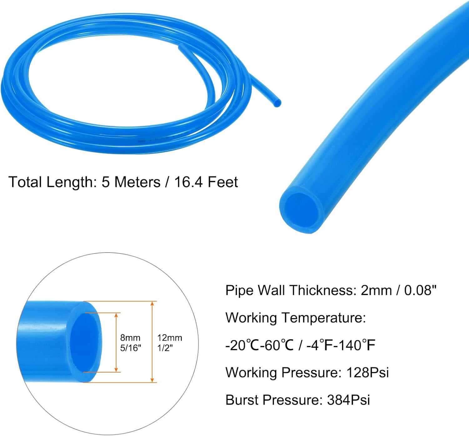 MKEUDQ-Pneumatic Tubing Pipe Pu Hose 12mm OD x 8mm ID 5 Meters(16.4 FT) Air Compressor PU Polyurethane Line Hose Tube for Air Compressor Water Fluid Transfer, Blue