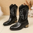 thumbnail image 3 of Women's Mid Calf Cowboy Cowgirl Boots Embroidered Stitched Pointed Toe Chunky Heel Leather Ankle Booties, 3 of 6