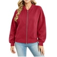 thumbnail image 2 of Women's Fleece Zip Up Jacket - Casual Long Sleeve Bomber Jacket With Ribbed Cuffs & Hem For Fall Winter Outerwear Wine XL, 2 of 7