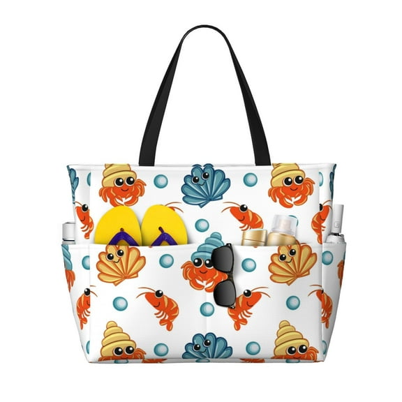 Large Beach Bags Water-resistant Sandproof - Hermit Crab Shrimp Scallop Cute Beach Tote Bags for Women with Zipper