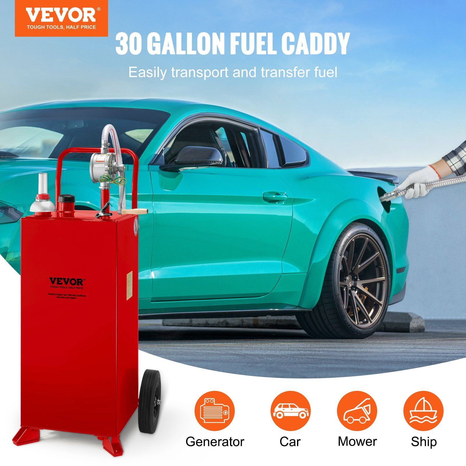 30-Gallon Portable Gas Caddy with Manual Pump, 2-Wheel Fuel Storage Tank for Gasoline/Diesel, Ideal for Cars, Lawn Mowers, ATVs, Boats (Red)
