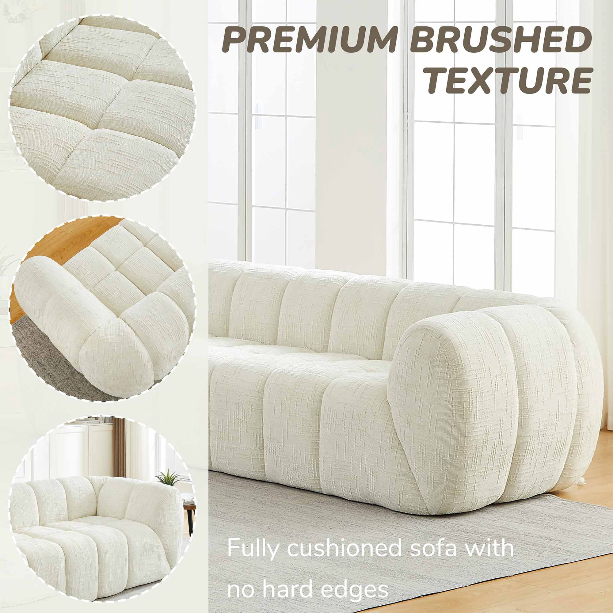 Lunale 3-Seater Boneless Sofa, No Assembly Required, Modern Cloud Couch for Living Room, Apartment, Beige Chenille