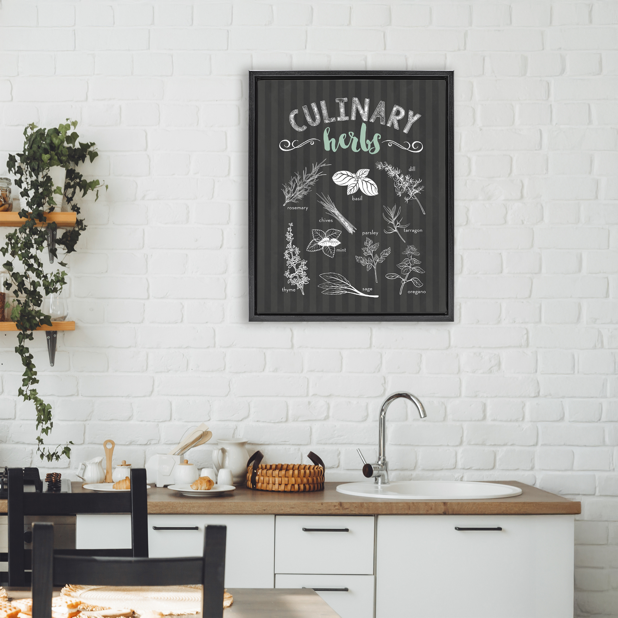 Culinary Herbs on Stripes Black Framed Floater Canvas Wall Art, design by Lettered and Lined