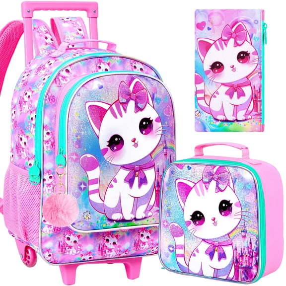 3PCS Girls Cat Pattern Rolling Backpack Set, Wheeled School Bag with Lunch Box for Toddler Elementary Kids