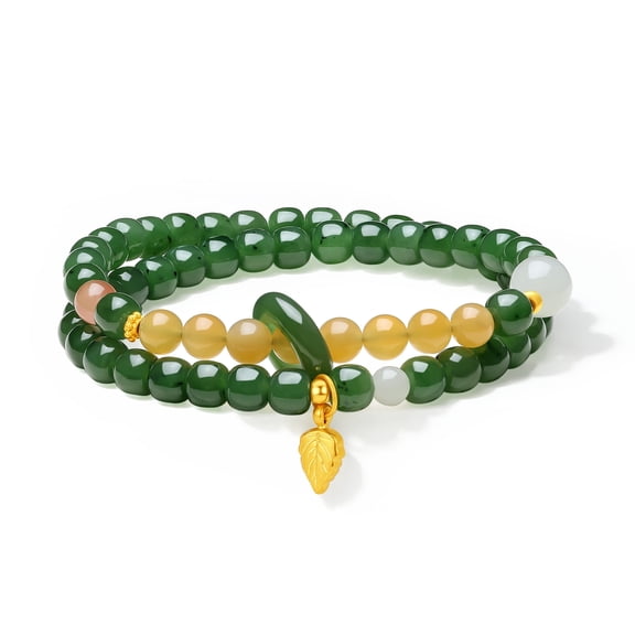ZHOU LIU FU 24K Gold Jade Beaded BraceletLeaf Charm Double Stretch for Women Mom Y1913773
