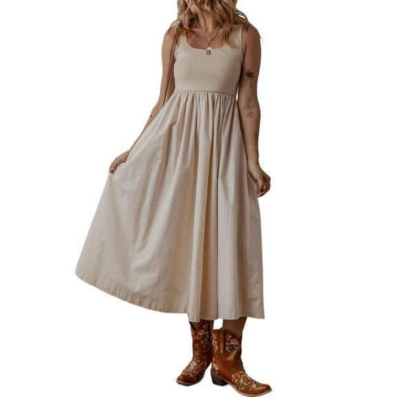 Women's Elegant Beige Scoop Neck Ribbed Bodice Pleated Sleeveless Maxi Dress - [ZhiHiMeRi] | (US 12-14)L