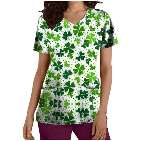 

MELDVDIB Womens St Patricks Day Nursing Scrub Tops Working Uniform Short Sleeve V Neck Workwear Casual Summer Blouse T Shirts with Pockets Gift on Clearance