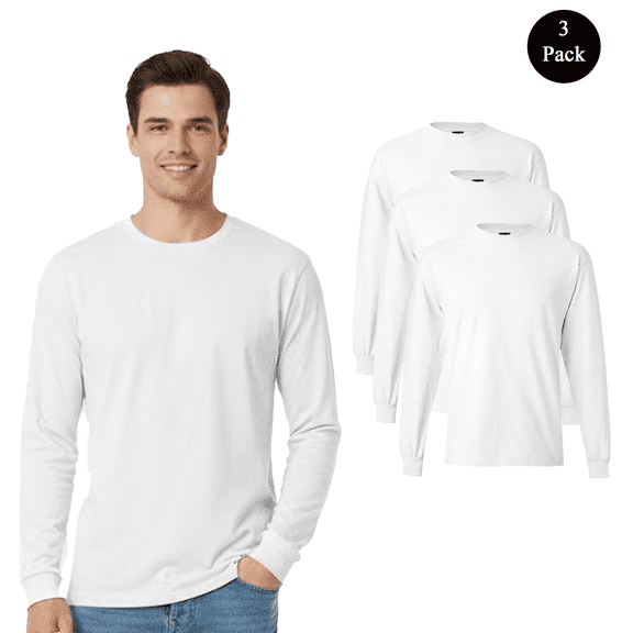 Hanes Mens Beefy-T Long Sleeve T-Shirt, Comfortable Crew Neck Casual White Printable Tee, 3-Pack S