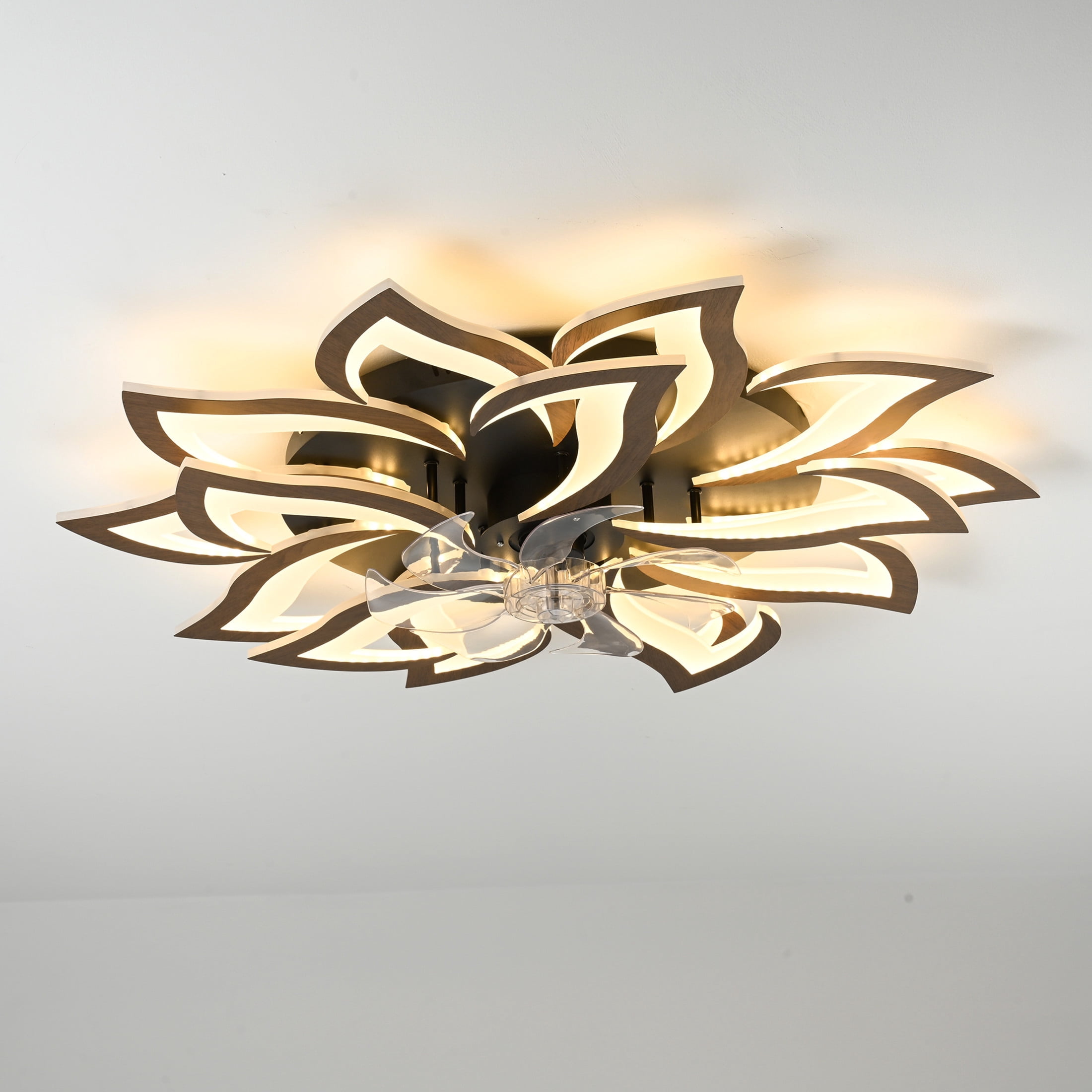 GDF Studio 15-Head Flower Modern Ceiling Fan with LED Lights & Remote Control, Low Profile Flush Mount Fandelier, Wood