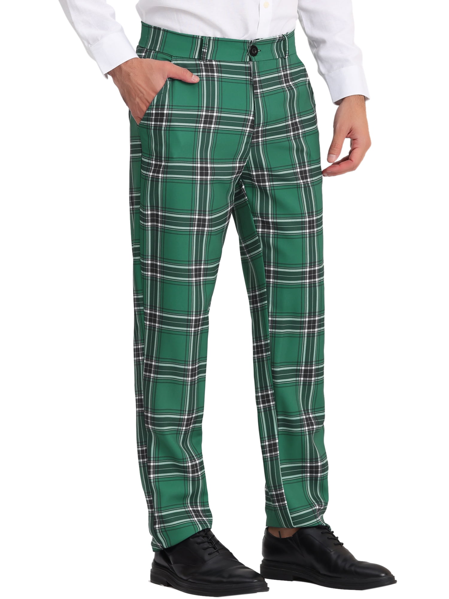 Unique Bargains Men's Flat Front Plaid Pants Formal Business Checked Trousers 38 Green Black