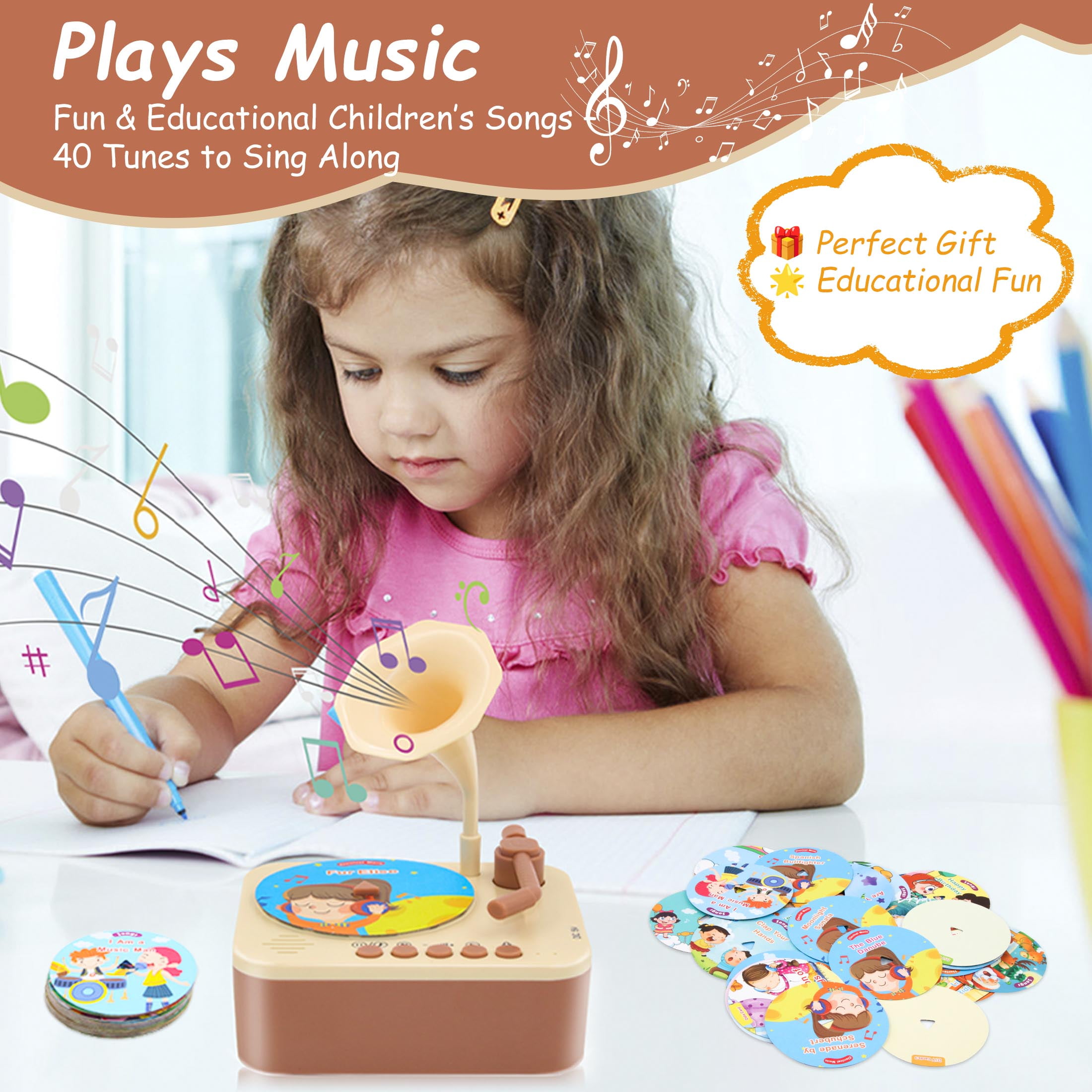 Kids Phonograph with 96 Cards, Kids Record Player with Story and Music Records , Toddler Music Player, Educational Phonograph for Boys and Girls Age 3+, Toddler Toys for Early Learning (Brown)