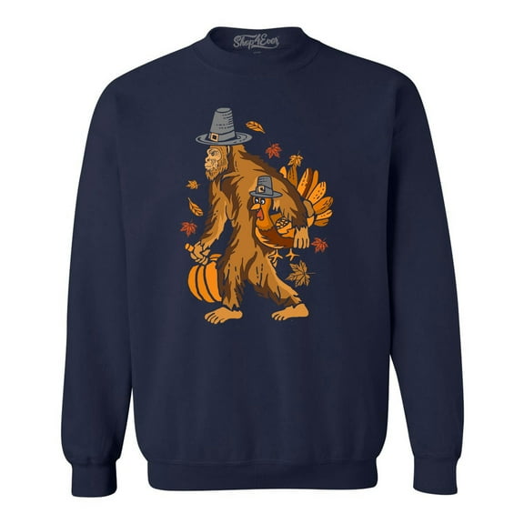 Shop4Ever Men's Bigfoot Pilgrim Turkey Pumpkin Thanksgiving Sasquatch Crewneck Sweatshirt Medium Navy