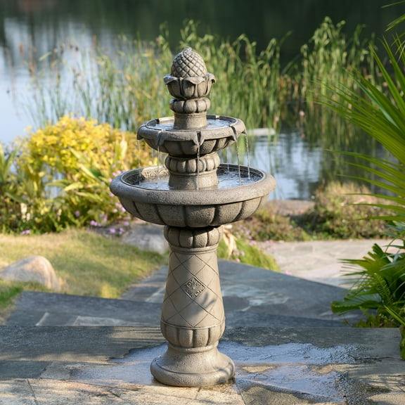 Teamson Home 2-Tier Birdbath Water Fountain Outdoor Garden–Shallow Basin with Built-In Electric Pump & Simple Setup, Gray