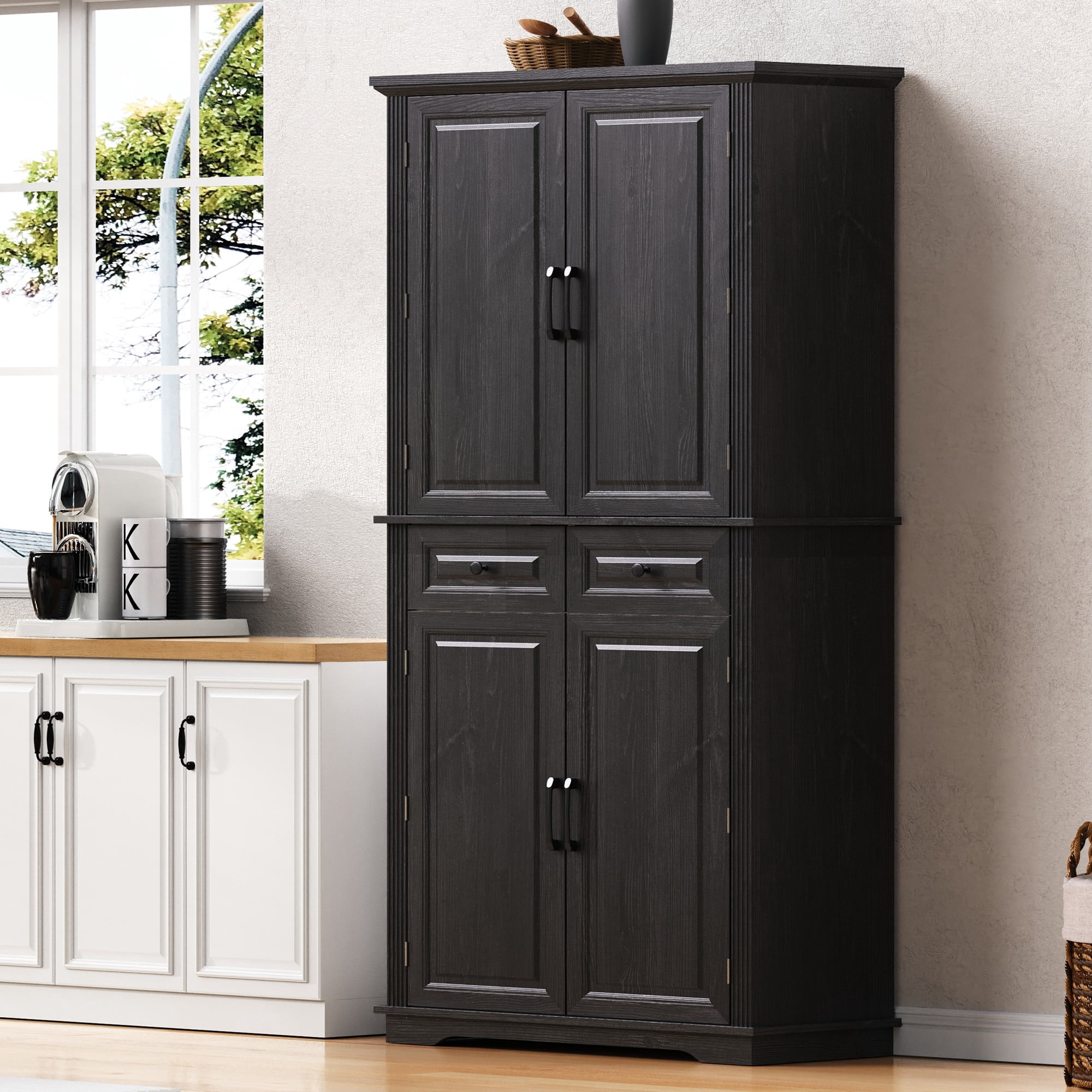 Euroco Woodgrain Kitchen Pantry Cabinet with Pull-Out Organizers, 6 Door Shelves, and Adjustable Storage – 71" Tall Freestanding Pantry with Vintage-Inspired Design