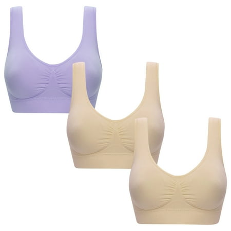 miqiqism 3-Pack Women s Seamless Sports Bra Wirefree Yoga Bra with Removable Pads for Women Casual Pure Brassiere Trendy Pleated Bralette Purple X-Large