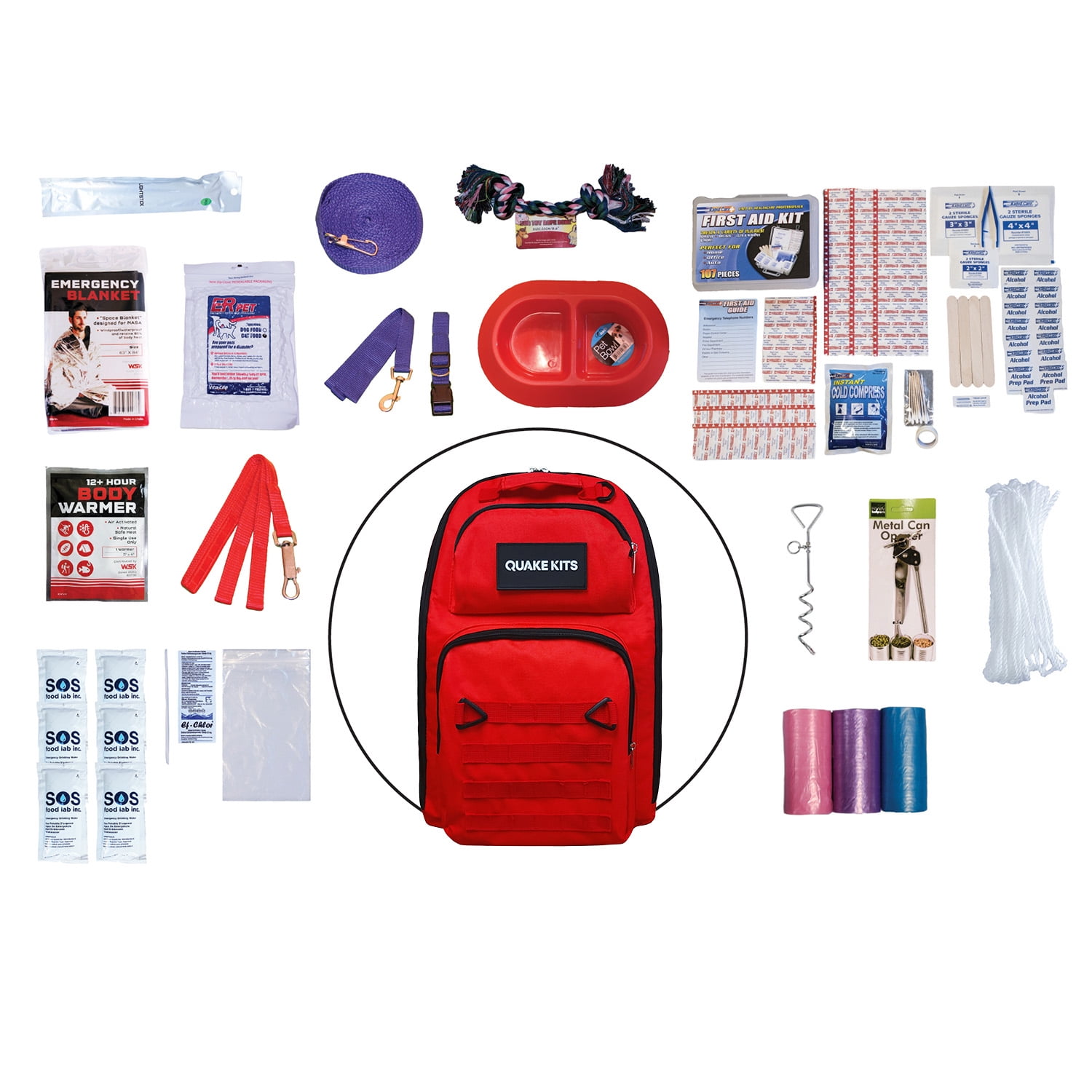Deluxe Dog Survival Kit - 72 Hour Pet Emergency Go Bag with Food, Water, First Aid, Reflective Leash, Collar, Blanket, Toy, Waste Bags and Portable Backpack for Disaster Preparedness