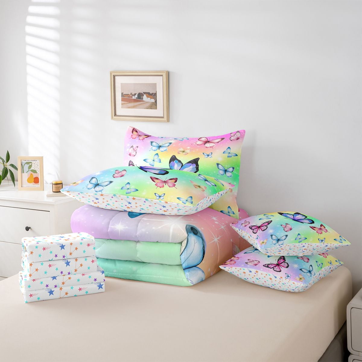 Homewish Colorful Butterflies 7-Piece Bedding Comforter Set For Children Kids Teens,Dreamy Princess King Bedding Sets,Abstract Gradient Ombre Ultra Soft Bed Sheets,Luxury Bedroom Decor,Reversible