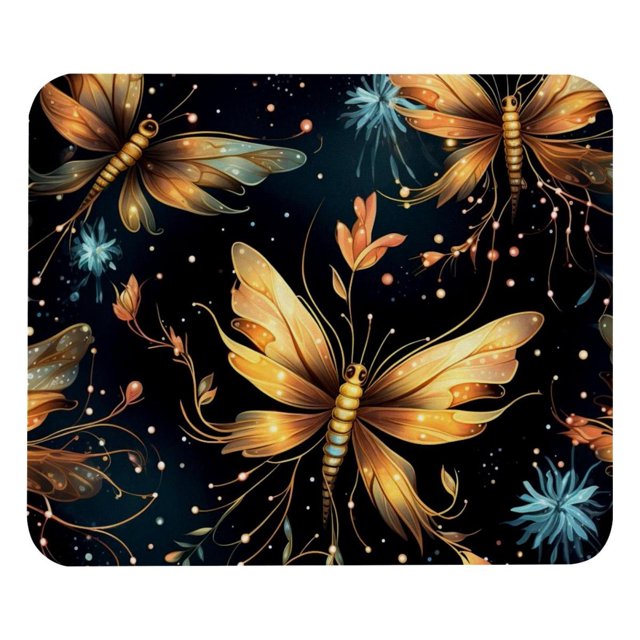 Alfombrilla de ratón con diseño de libélulas y luciérnagas: superficie lisa, acolchado grueso y diseño ergonómico para juegos y uso en la oficina.