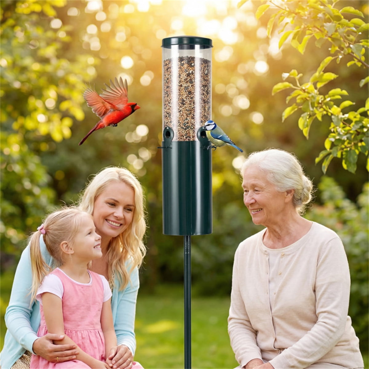 Standing Bird Feeder 51in Green Squirrel Proof Metal PC 4Feeding Ports Perches Heavy Duty 10lbs Capacity 1.3Gal Tube Drainage Holes Waterproof Easy Clean Prong Base Pole Outdoor Garden Patio Porch