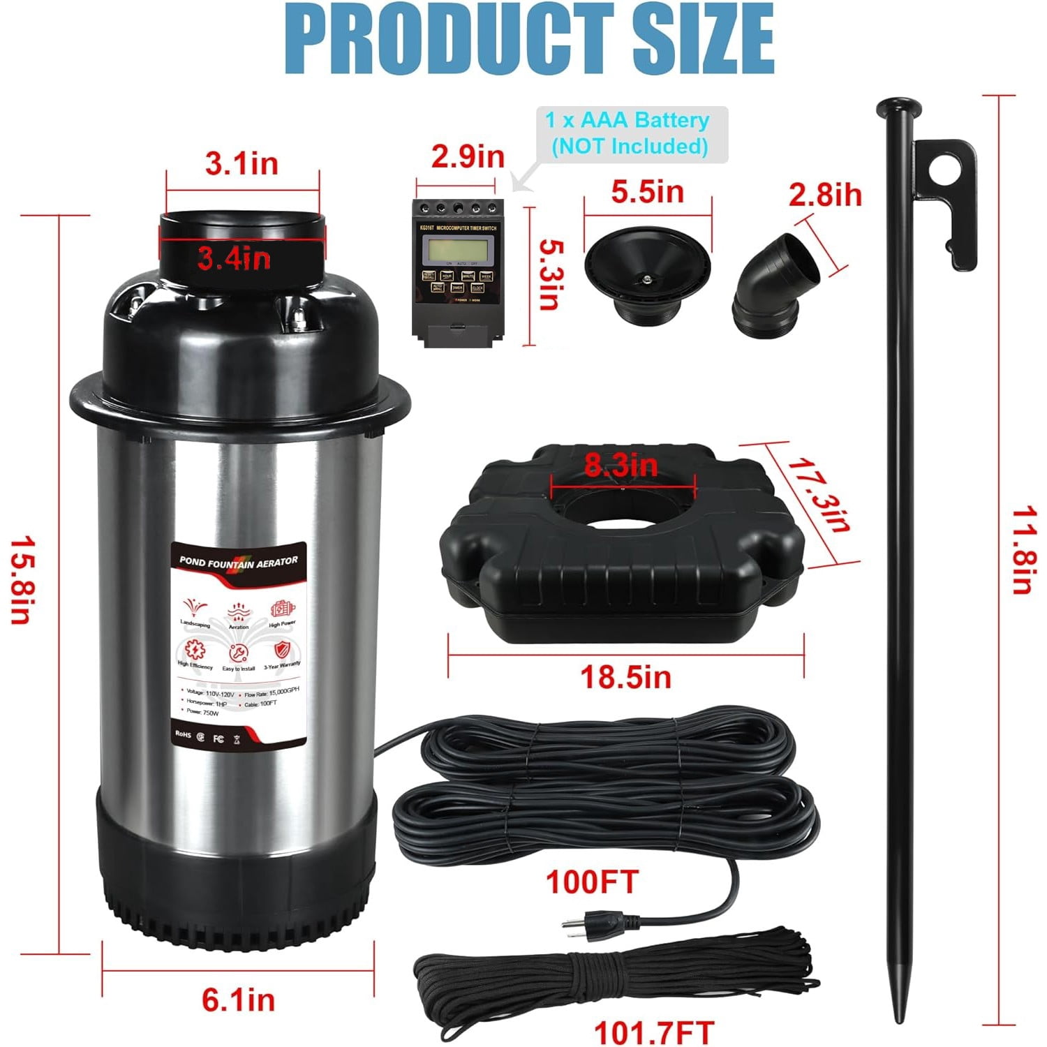 FOUR E's Scientific Pond Fountain Aerator, 1HP 750W 110V Stainless Steel Floating Fountain With 100ft Power Cord, Octagon Aerating Fountain Pump