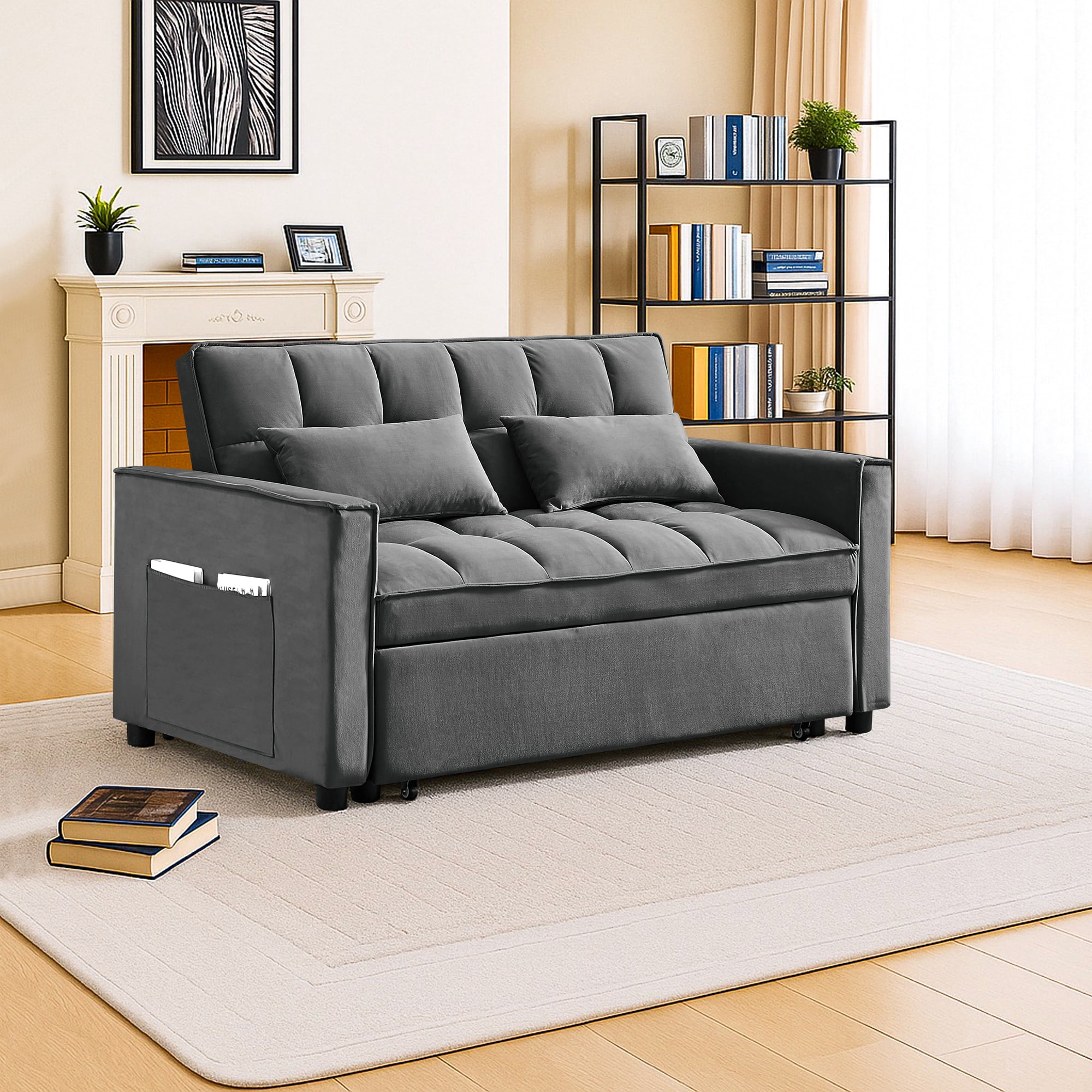 Kadyn Futon Sofa Bed, 54" Adjustable Backrest Convertible Futon Sofa for Living Room, Futon Sleeper Sofa with Side Pouch, Gray
