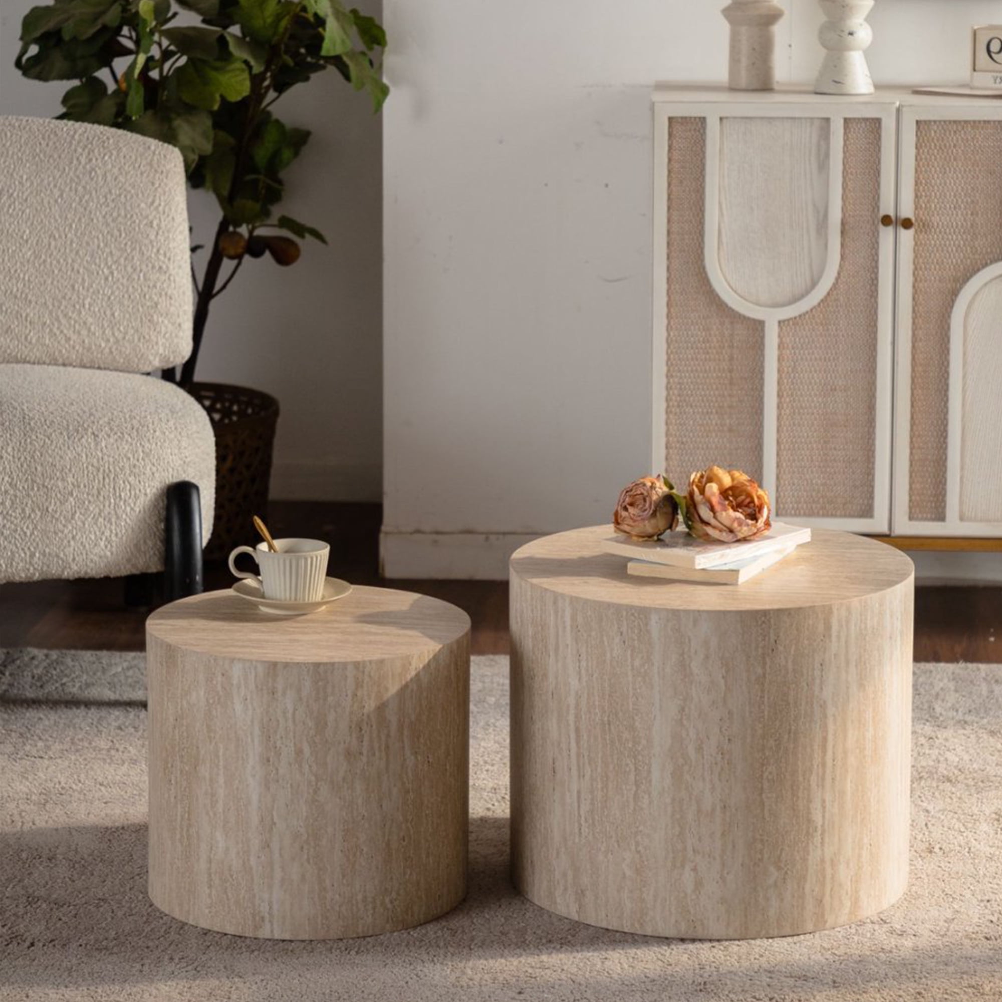 Leumius Nesting Coffee Table Set of 2 Round Wooden Coffee Tables Circle Modern Accent End Side Table for Small Space Living Room Bedroom Amber
